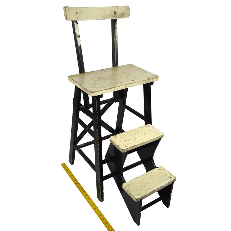 Vintage Wooden Kitchen Step Stool with Dual Flip-Out Steps – Black-and-White Paint Finish