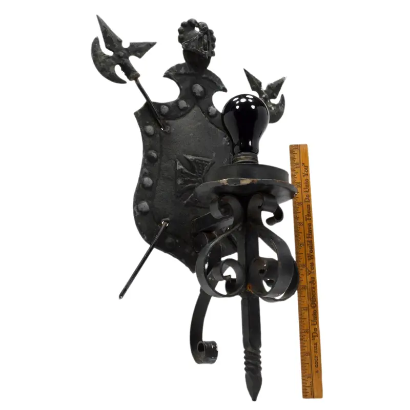 Vintage Wrought Iron Coat-of-Arms Fixture – Decorative Wall Plaque with Integrated Light Mount and Axes