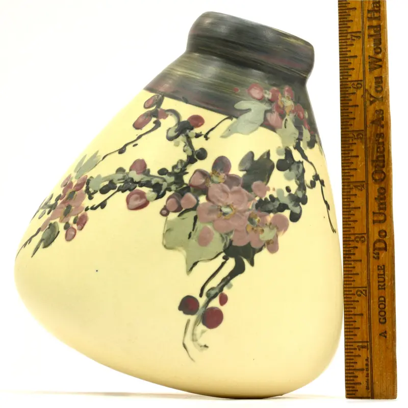 Weller Hudson Vase – 6.5″, Squat Form, Cherry Blossom Motif, White-and-Decorated Glaze