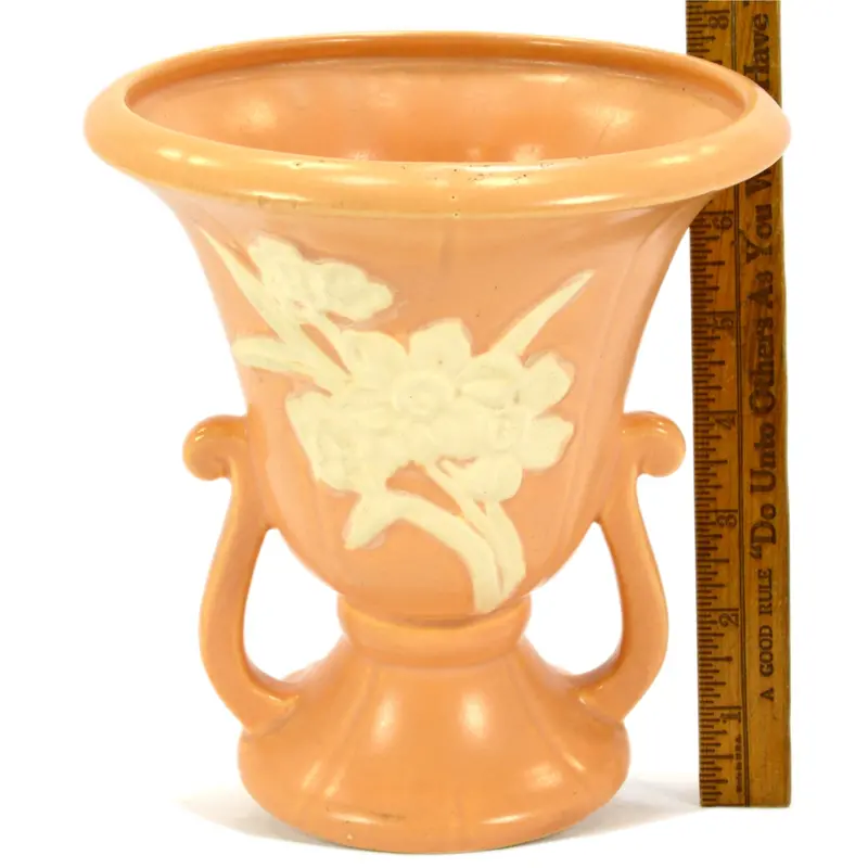 Weller Pottery Cameo Urn/Vase – 7″, Salmon Base with White Floral Decoration, Double-Handled
