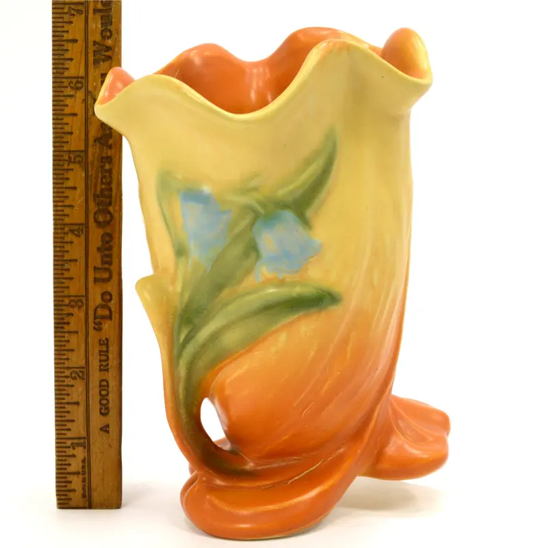 Weller Roba Vase – 6″, Yellow-Orange Body with Bluebell Flowers and Ruffled Lip
