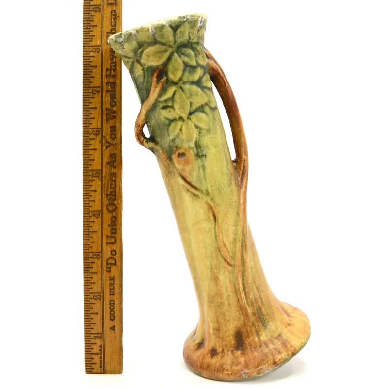 Weller Woodcraft Bud Vase – 8.25″, Tree Trunk Form with Green Leaves, Matte Glaze