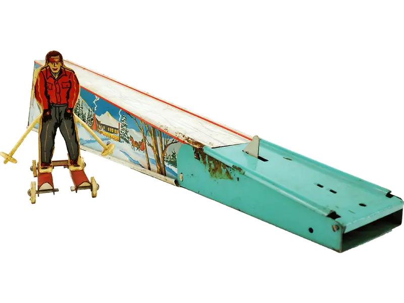 Wolverine Tin Litho Ski Jumper & Ramp Toy – 1940s Pittsburgh Metal Vintage Piece